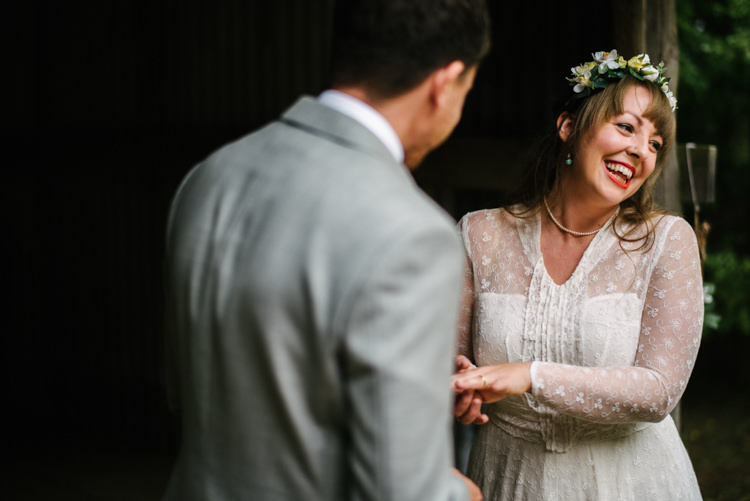 Bride Bridal Lace long Sleeved Dress Gown V Neck Flower Crown Yellow Dip Dye Underskirt Grey Groom Suit Woodland Organic Farm Shop Wedding Gloucestershire https://www.edgodden.co.uk/