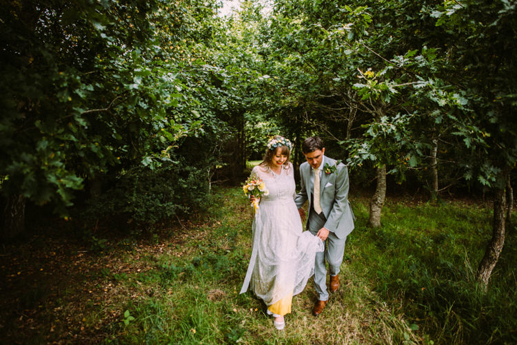 Bride Bridal Lace long Sleeved Dress Gown V Neck Vintage Wild Flower Bouquet Crown Yellow Dip Dye Underskirt Grey Suit Groom Woodland Organic Farm Shop Wedding Gloucestershire https://www.edgodden.co.uk/