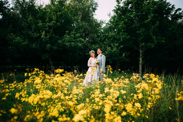 Bride Bridal Lace long Sleeved Dress Gown V Neck Vintage Wild Flower Bouquet Crown Yellow Dip Dye Underskirt Grey Suit Groom Woodland Organic Farm Shop Wedding Gloucestershire https://www.edgodden.co.uk/