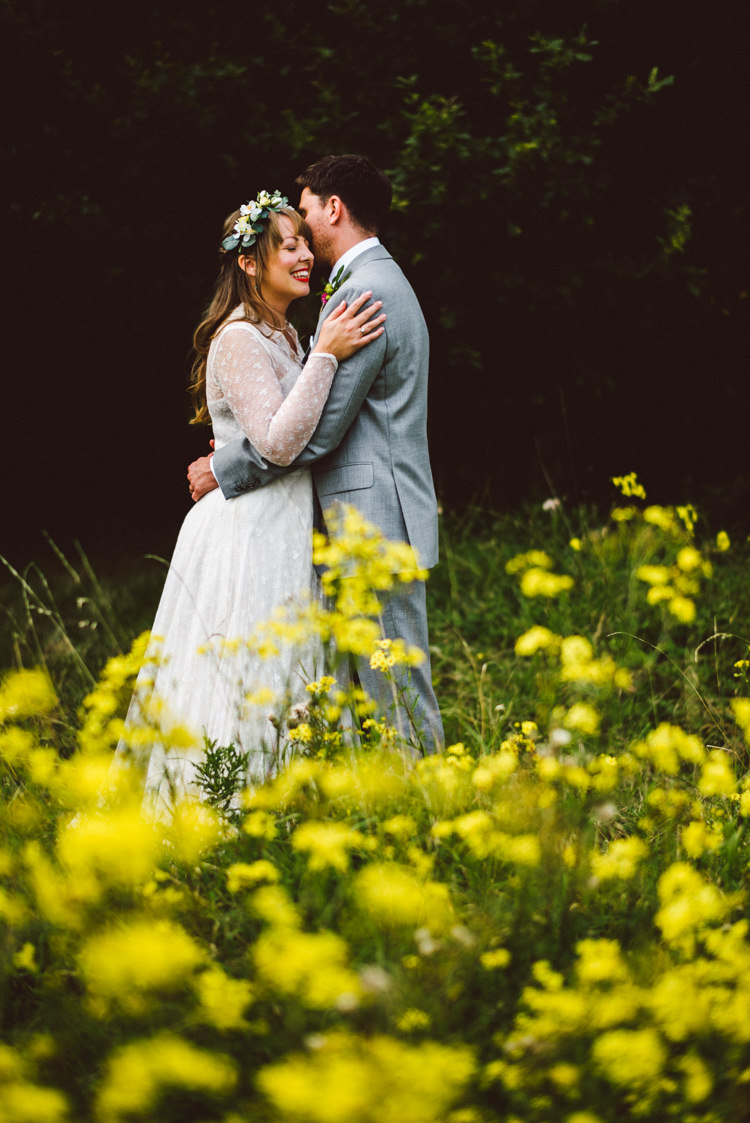 Bride Bridal Lace long Sleeved Dress Gown V Neck Vintage Wild Flower Crown Yellow Dip Dye Underskirt Grey Suit Groom Woodland Organic Farm Shop Wedding Gloucestershire https://www.edgodden.co.uk/