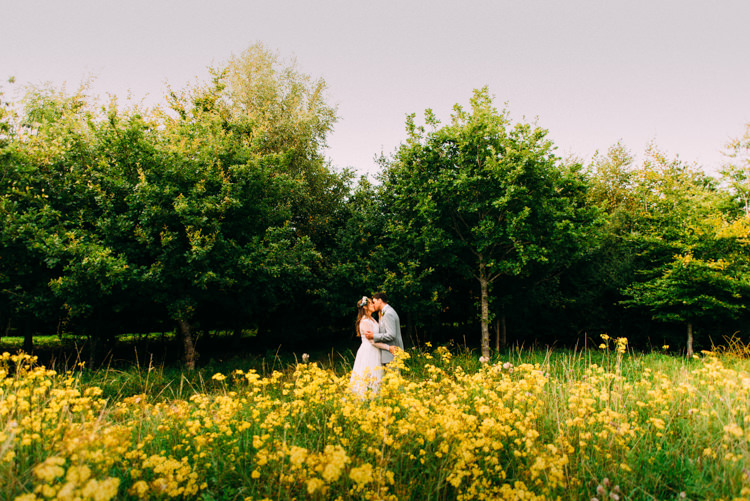 Bride Bridal Lace long Sleeved Dress Gown V Neck Vintage Wild Flower Crown Yellow Dip Dye Underskirt Grey Suit Groom Woodland Organic Farm Shop Wedding Gloucestershire https://www.edgodden.co.uk/