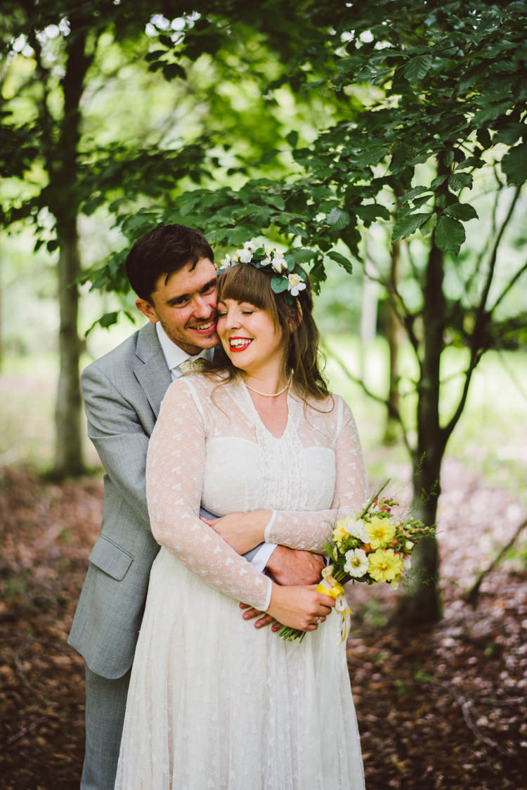 Bride Bridal Lace long Sleeved Dress Gown V Neck Vintage Wild Flower Bouquet Crown Yellow Dip Dye Underskirt Grey Suit Groom Woodland Organic Farm Shop Wedding Gloucestershire https://www.edgodden.co.uk/
