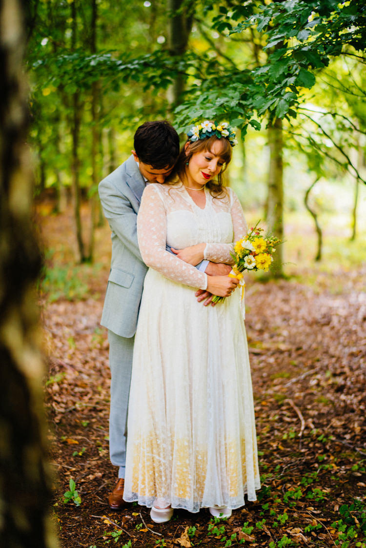 Bride Bridal Lace long Sleeved Dress Gown V Neck Vintage Wild Flower Bouquet Crown Yellow Dip Dye Underskirt Grey Suit Groom Woodland Organic Farm Shop Wedding Gloucestershire https://www.edgodden.co.uk/