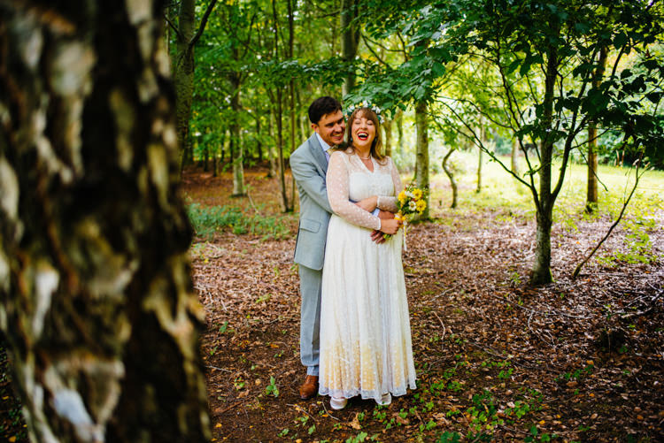 Bride Bridal Lace long Sleeved Dress Gown V Neck Vintage Wild Flower Bouquet Crown Yellow Dip Dye Underskirt Grey Suit Groom Woodland Organic Farm Shop Wedding Gloucestershire https://www.edgodden.co.uk/