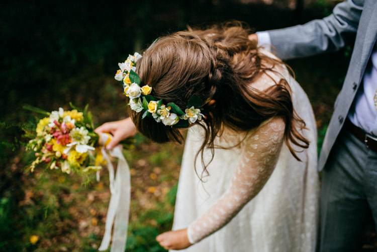 Bride Bridal Lace Dress Flower Crown Meadow Wild Flower Bouquet Hand Tied Plait Woodland Organic Farm Shop Wedding Gloucestershire https://www.edgodden.co.uk/