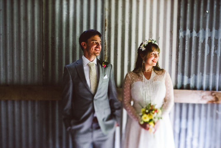 Bride Bridal Lace long Sleeved Dress Gown V Neck Vintage Wild Flower Bouquet Crown Yellow Dip Dye Underskirt Grey Suit Groom Woodland Organic Farm Shop Wedding Gloucestershire https://www.edgodden.co.uk/