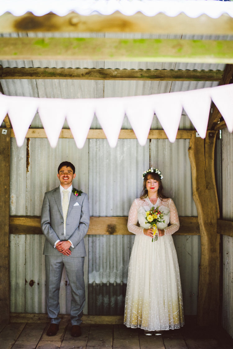 Bride Bridal Lace long Sleeved Dress Gown V Neck Vintage Wild Flower Bouquet Crown Yellow Dip Dye Underskirt Grey Suit Groom Woodland Organic Farm Shop Wedding Gloucestershire https://www.edgodden.co.uk/