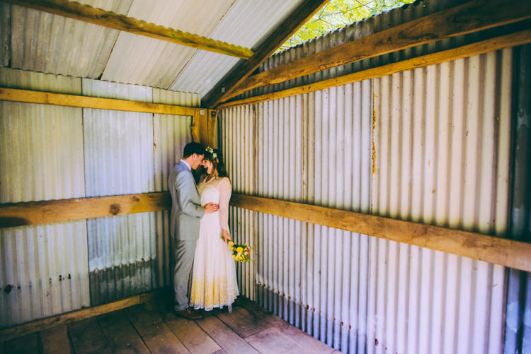 Bride Bridal Lace long Sleeved Dress Gown V Neck Vintage Wild Flower Bouquet Crown Yellow Dip Dye Underskirt Grey Suit Groom Woodland Organic Farm Shop Wedding Gloucestershire https://www.edgodden.co.uk/