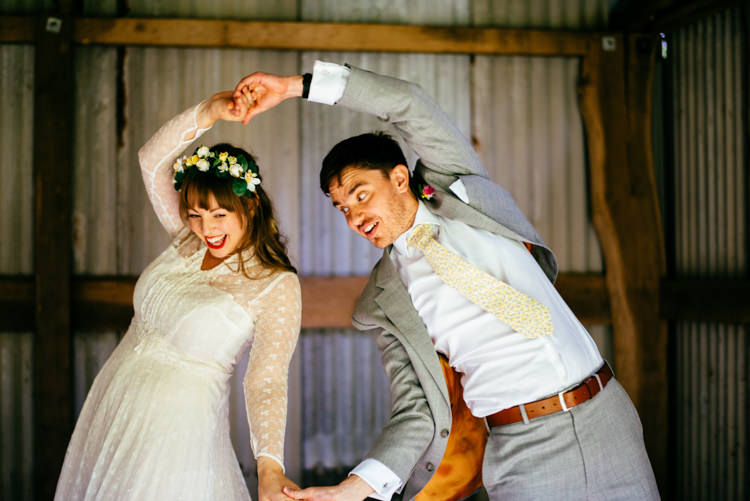 Bride Bridal Lace long Sleeved Dress Gown V Neck Vintage Wild Flower Crown Yellow Dip Dye Underskirt Grey Suit Groom Woodland Organic Farm Shop Wedding Gloucestershire https://www.edgodden.co.uk/