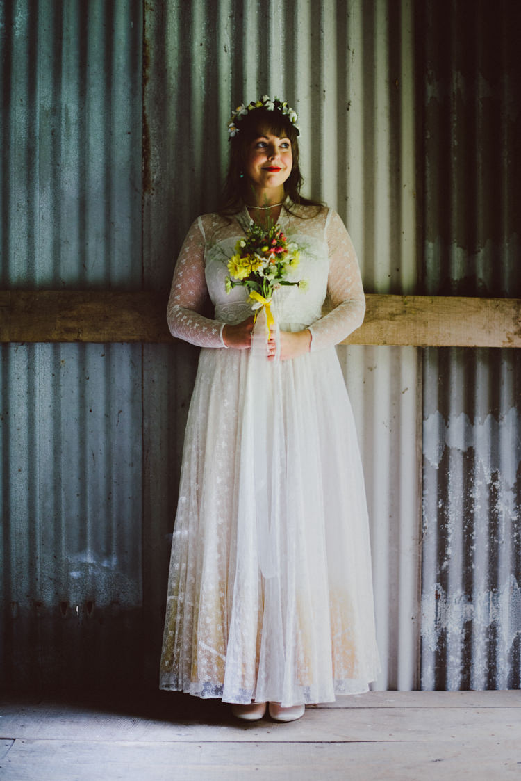 Bride Bridal Lace long Sleeved Dress Gown V Neck Vintage Wild Flower Bouquet Crown Yellow Dip Dye Underskirt Woodland Organic Farm Shop Wedding Gloucestershire https://www.edgodden.co.uk/