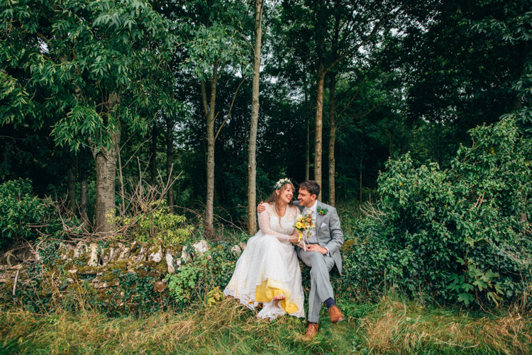Bride Bridal Lace long Sleeved Dress Gown V Neck Vintage Wild Flower Bouquet Crown Yellow Dip Dye Underskirt Grey Suit Groom Woodland Organic Farm Shop Wedding Gloucestershire https://www.edgodden.co.uk/