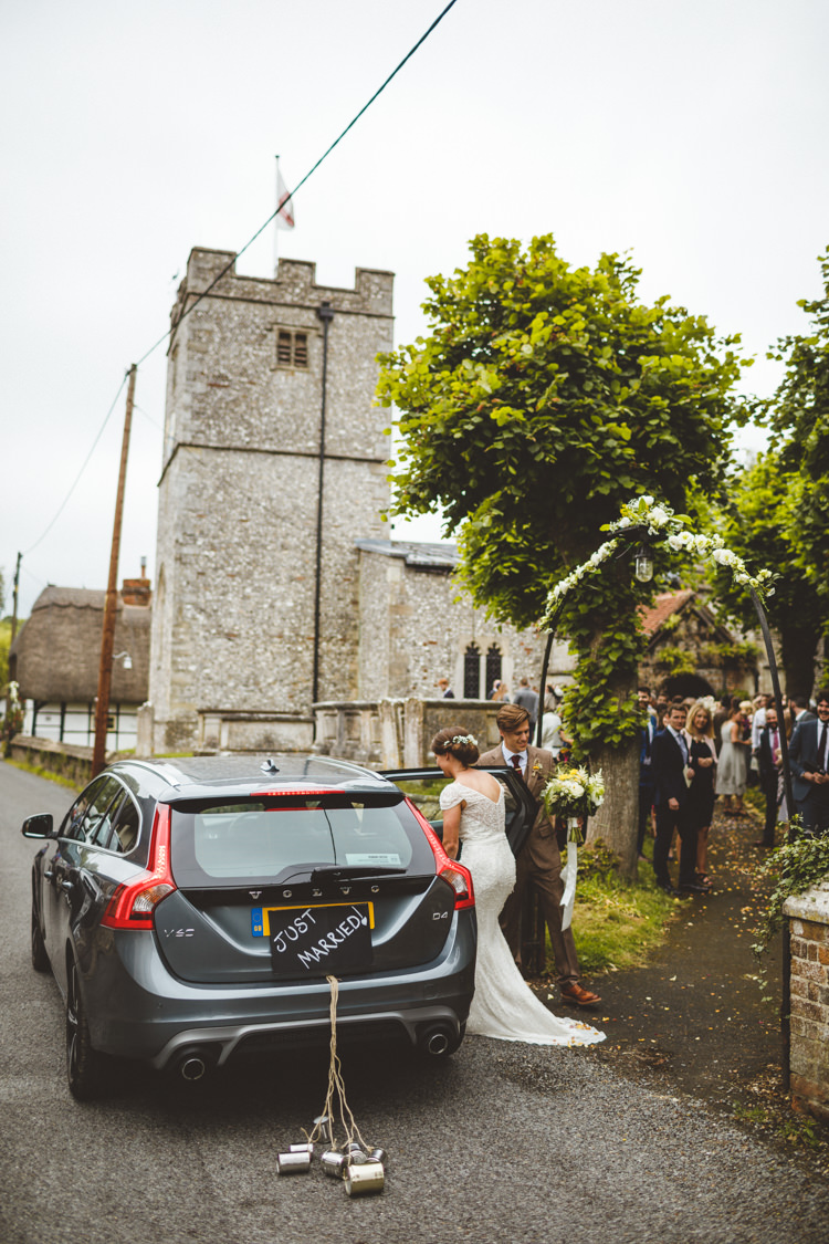 Just Married Car Transport Volvo Estate Relaxed Country Tipi Yellow Wedding Hampshire https://photography34.co.uk/
