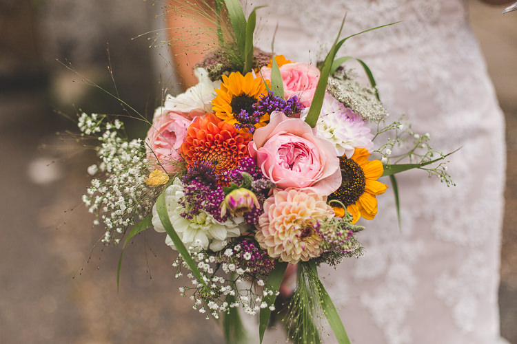 Bride Bridal Bouquet Gypsophila Sunflower Peony Colourful Outdoor Tipi Farm Wedding https://kirstymackenziephotography.co.uk/