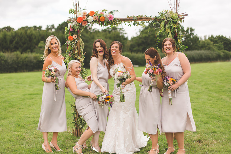 Bride Bridal Sottero & Midgley Gown Dress Lace Strappy Straps Shoulder Detail Bridesmaids Mid Length Blush Colourful Outdoor Tipi Farm Wedding https://kirstymackenziephotography.co.uk/