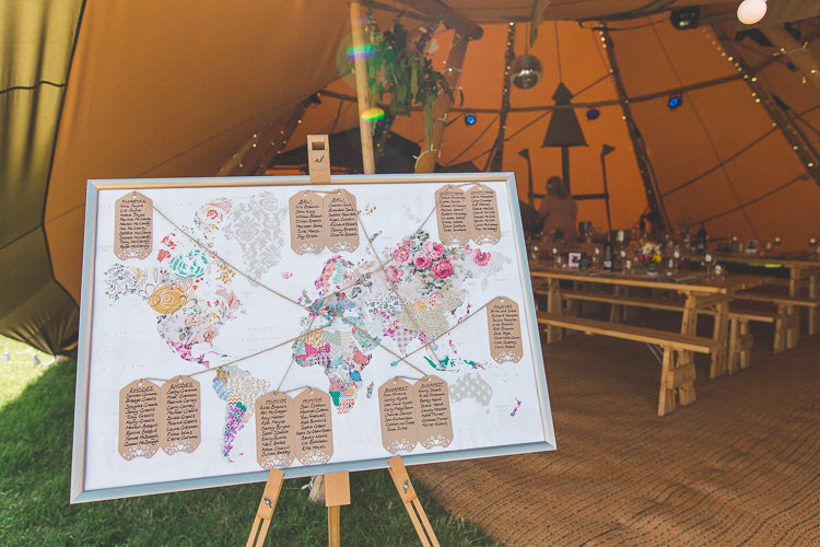 Table Plan World Map Floral Luggage Tags Travel Seating Chart Easel Colourful Outdoor Tipi Farm Wedding https://kirstymackenziephotography.co.uk/