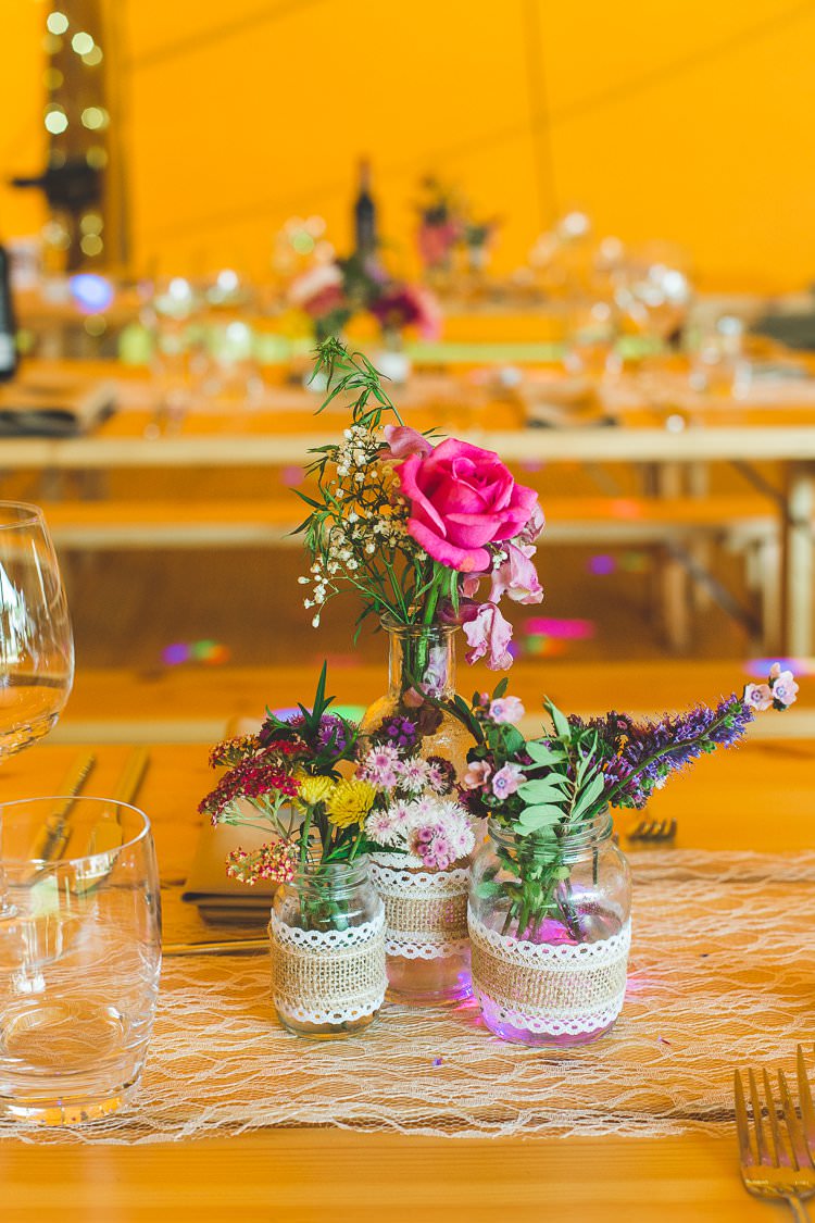 Lace Runner Hessian Jam Jars Florals Flowers Colourful Outdoor Tipi Farm Wedding https://kirstymackenziephotography.co.uk/