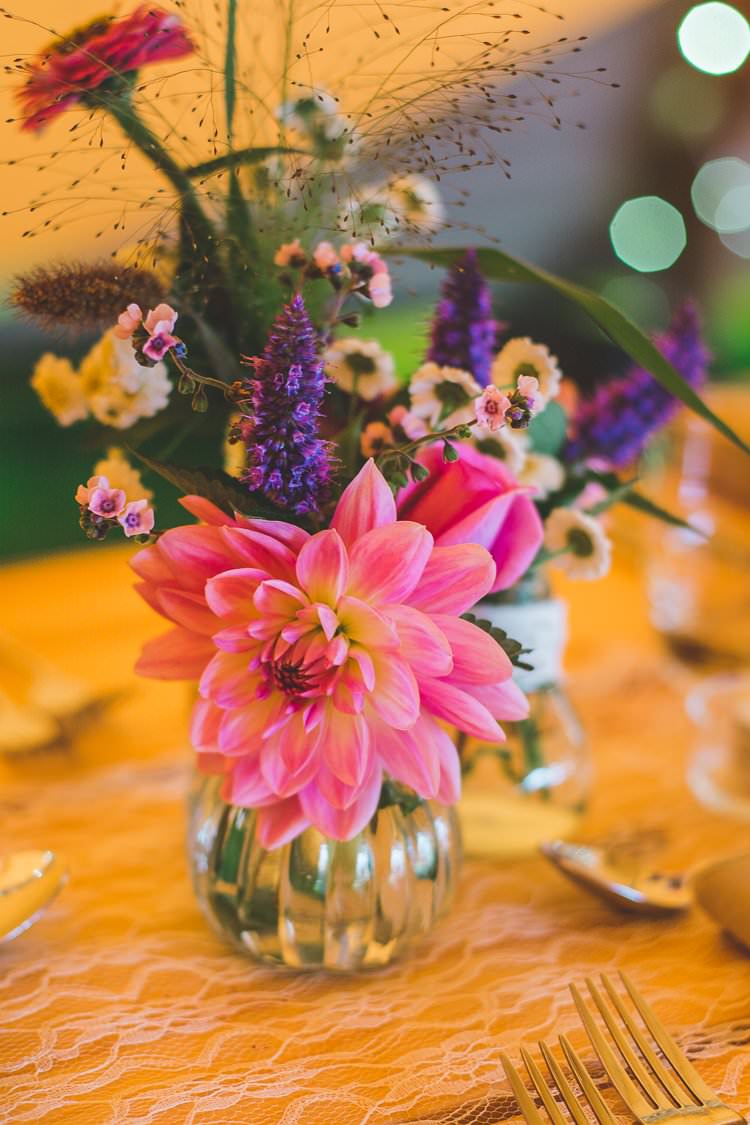 Table Centre Flowers Floral Vase Dahlia Colourful Outdoor Tipi Farm Wedding https://kirstymackenziephotography.co.uk/
