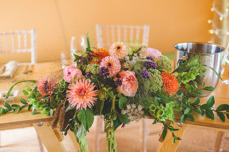 Top Table Centrepiece Flowers Floral Dahlia Greenery Colourful Outdoor Tipi Farm Wedding https://kirstymackenziephotography.co.uk/