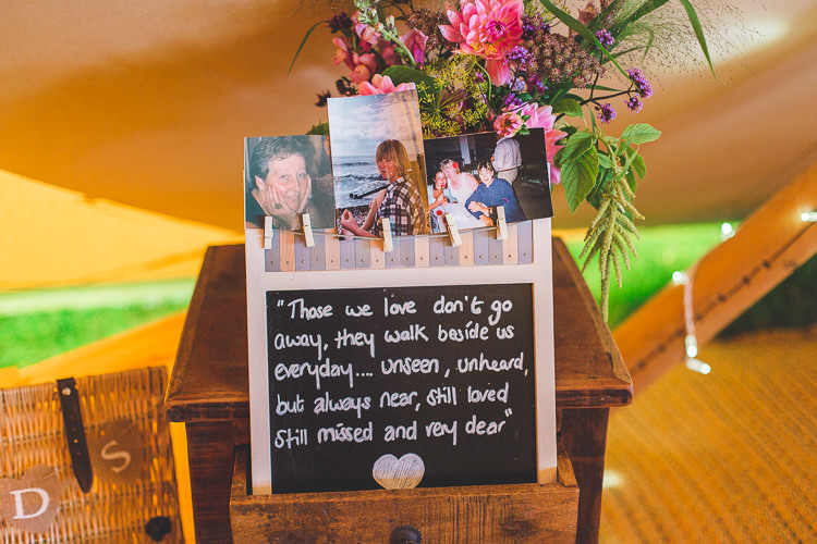 Memories Loved Ones Remembrance Photographs Pegs Blackboard Colourful Outdoor Tipi Farm Wedding https://kirstymackenziephotography.co.uk/