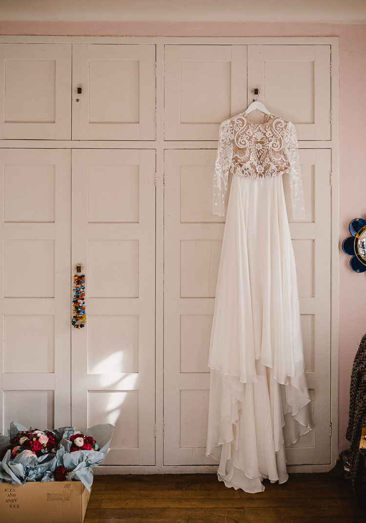 Emma Beaumont Atelier Dress Gown Bride Bridal Lace Embroidered Sleeves Raucous Artistic Wintry Wedding Voewood Norfolk https://www.luisholden.com/