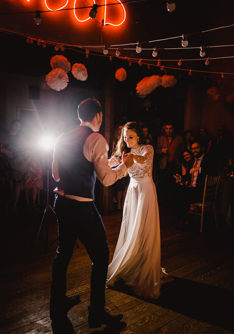 First Dance Emma Beaumont Atelier Dress Gown Bride Bridal Lace Embroidered Sleeves Raucous Artistic Wintry Wedding Voewood Norfolk https://www.luisholden.com/