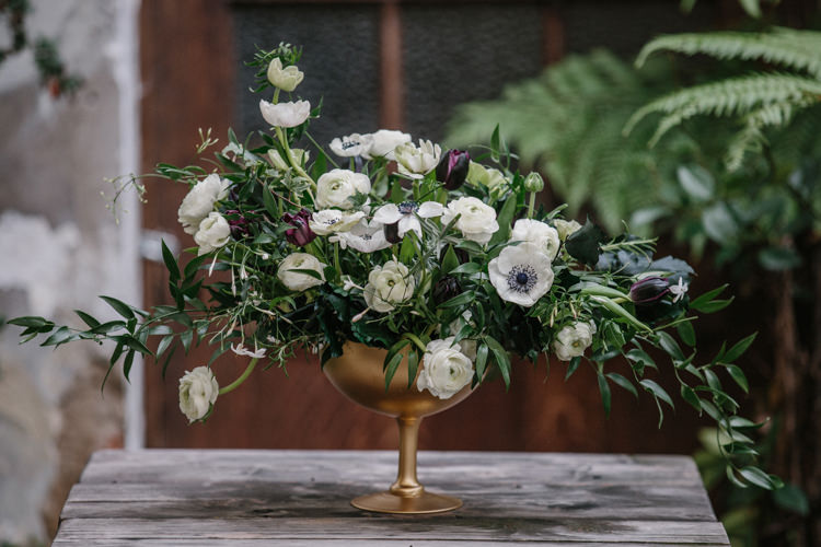 Gold Compote Centrepieces Flowers White Green Plum Tulips Anemone Ranunculus Luxe Industrial Velvet Wedding Ideas https://jessypapasavvaphotography.com/