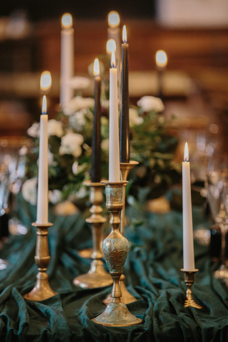 Tablescape Decor Tables Long Candlesticks Gold Green Runners Luxe Industrial Velvet Wedding Ideas https://jessypapasavvaphotography.com/