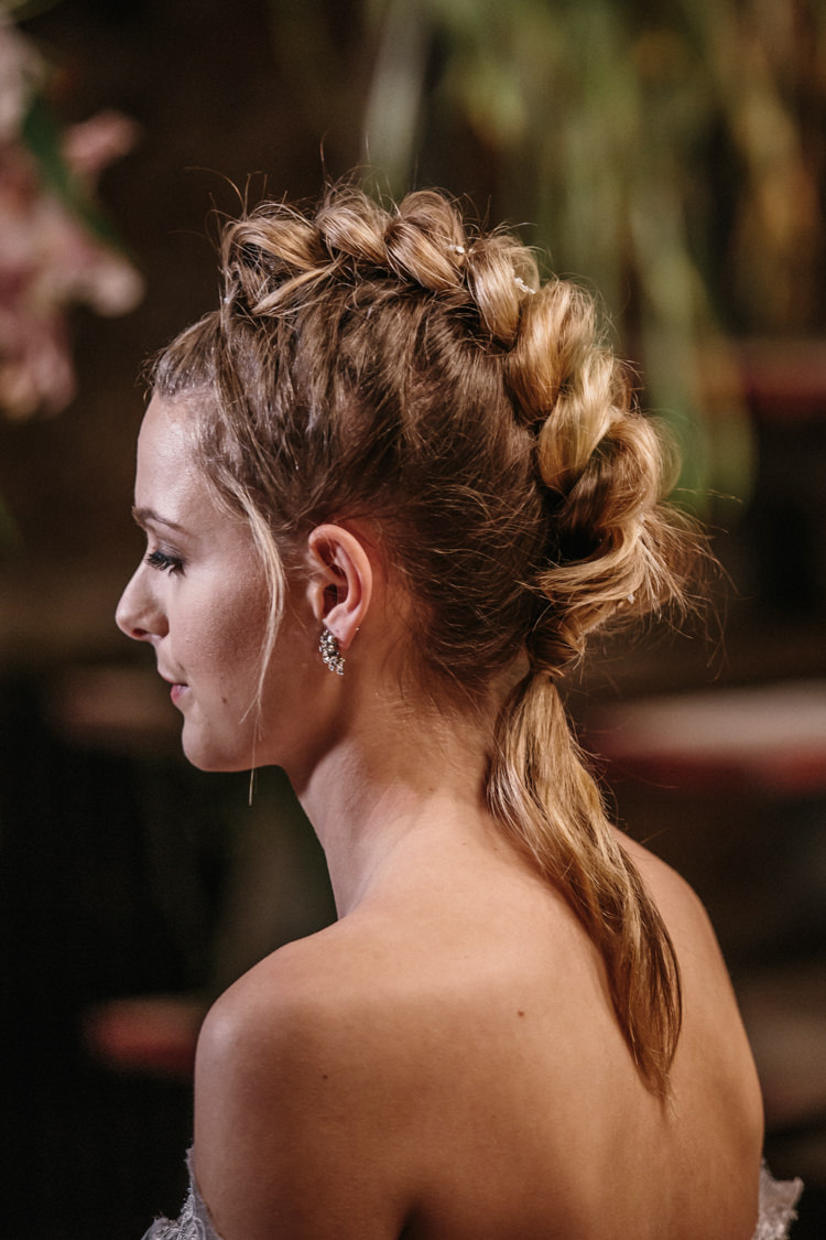 Hair Bride Bridal Waves Hair Braid Plait Mohawk Luxe Industrial Velvet Wedding Ideas https://jessypapasavvaphotography.com/