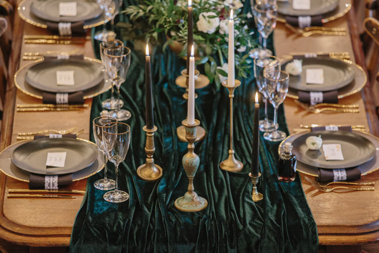 Tablescape Decor Tables Long Candlesticks Gold Green Runners Luxe Industrial Velvet Wedding Ideas https://jessypapasavvaphotography.com/
