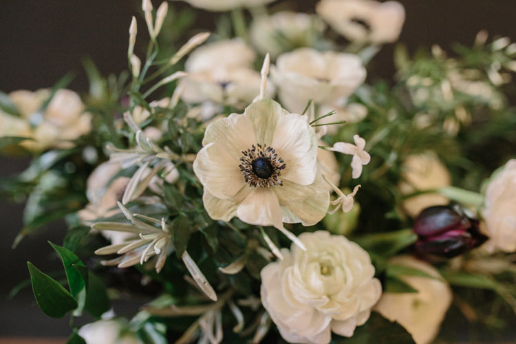Flowers White Green Plum Tulips Anemone Ranunculus Luxe Industrial Velvet Wedding Ideas https://jessypapasavvaphotography.com/