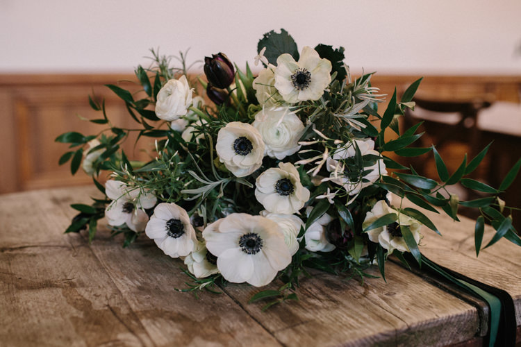 Bouquet Bride Bridal Ribbon Flowers White Green Plum Tulips Anemone Ranunculus Luxe Industrial Velvet Wedding Ideas https://jessypapasavvaphotography.com/