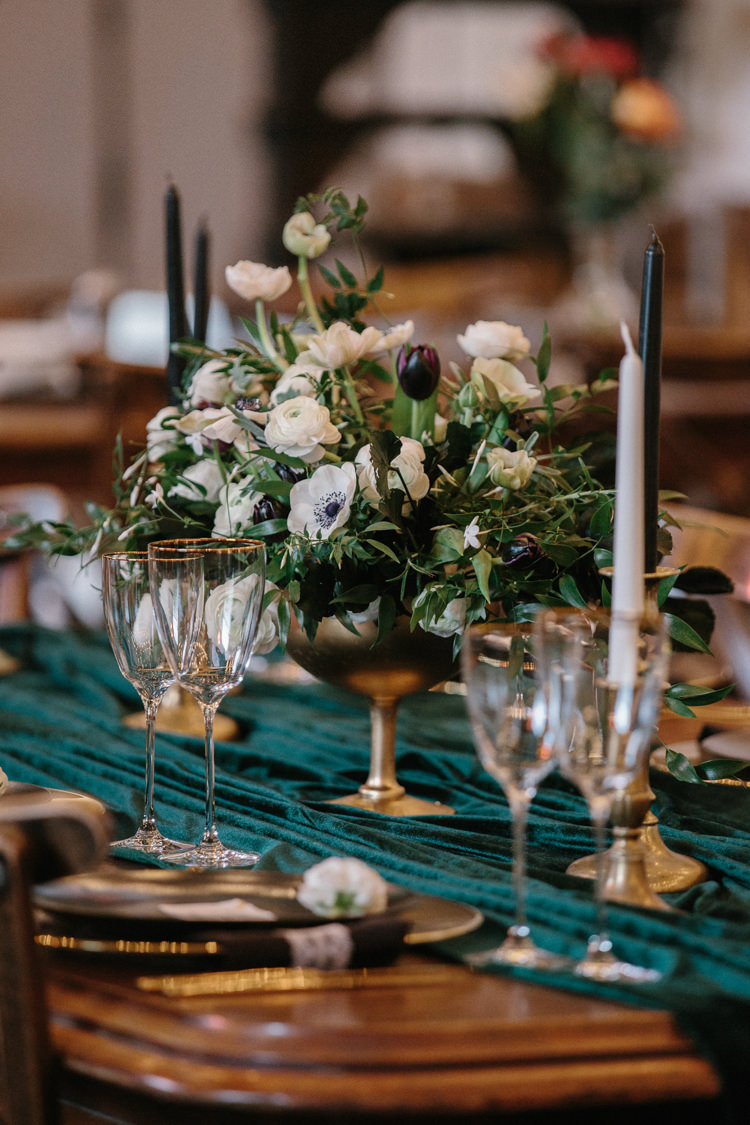 Gold Compote Centrepieces Flowers White Green Plum Tulips Anemone Ranunculus Candles Luxe Industrial Velvet Wedding Ideas https://jessypapasavvaphotography.com/