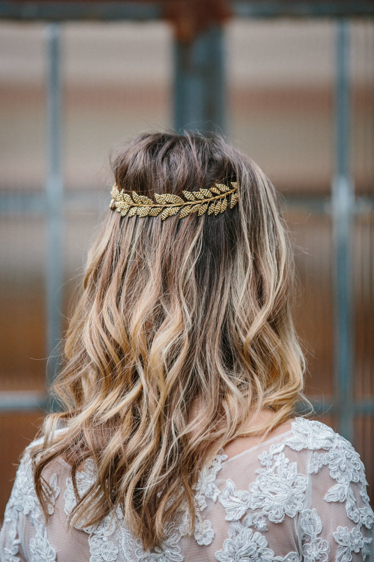 Hair Bride Bridal Waves Ombre Hair Vine Leaf Balayage Luxe Industrial Velvet Wedding Ideas https://jessypapasavvaphotography.com/