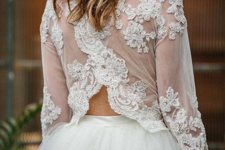 Bridal Separates Top Skirt Lace Tulle Dress Gown Bride Bridal Sleeves Luxe Industrial Velvet Wedding Ideas https://jessypapasavvaphotography.com/