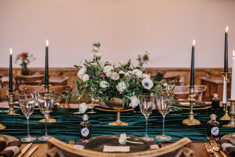Gold Compote Centrepieces Flowers White Green Plum Tulips Anemone Ranunculus Candles Luxe Industrial Velvet Wedding Ideas https://jessypapasavvaphotography.com/