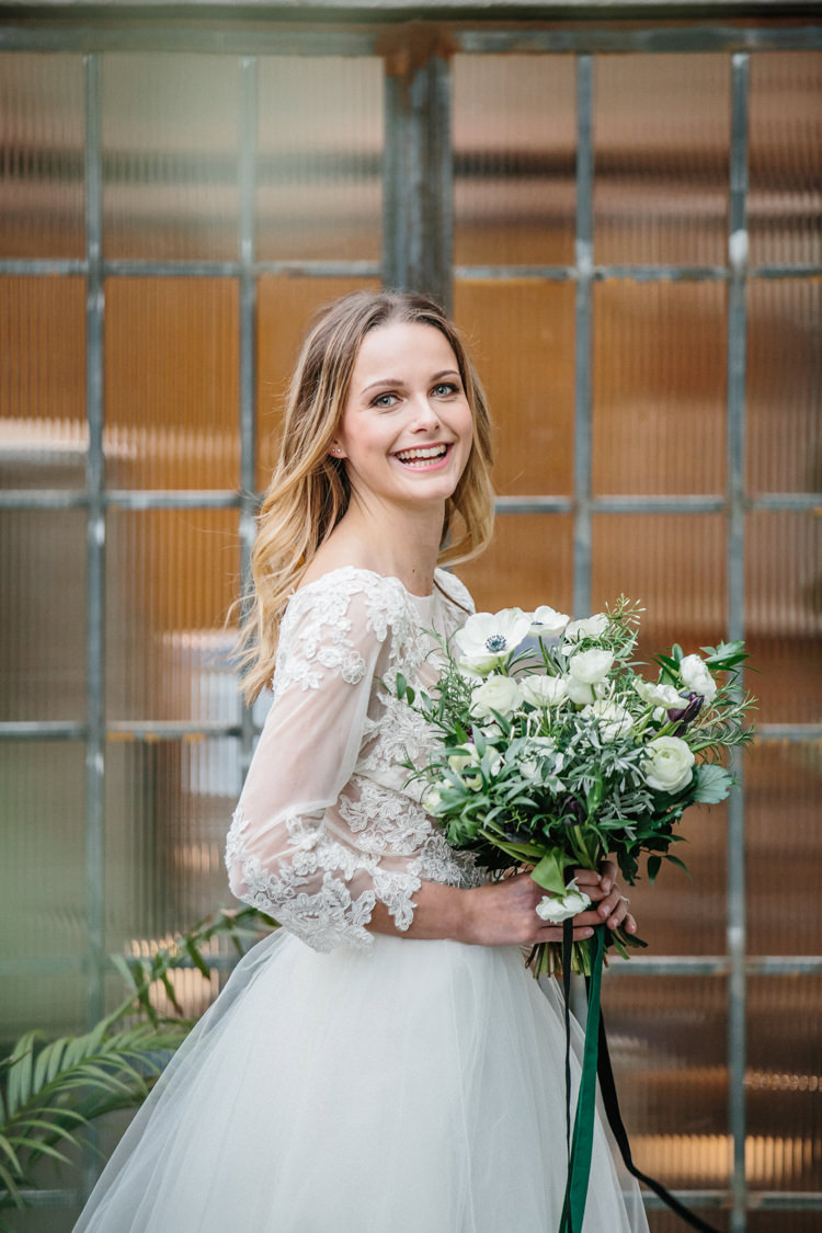 Bouquet Bride Bridal Ribbon Flowers White Green Plum Tulips Anemone Ranunculus Luxe Industrial Velvet Wedding Ideas https://jessypapasavvaphotography.com/