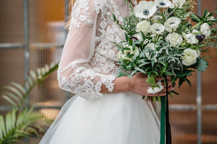 Bouquets Ribbon Bride Bridal Flowers White Green Plum Tulips Anemone Ranunculus Luxe Industrial Velvet Wedding Ideas https://jessypapasavvaphotography.com/