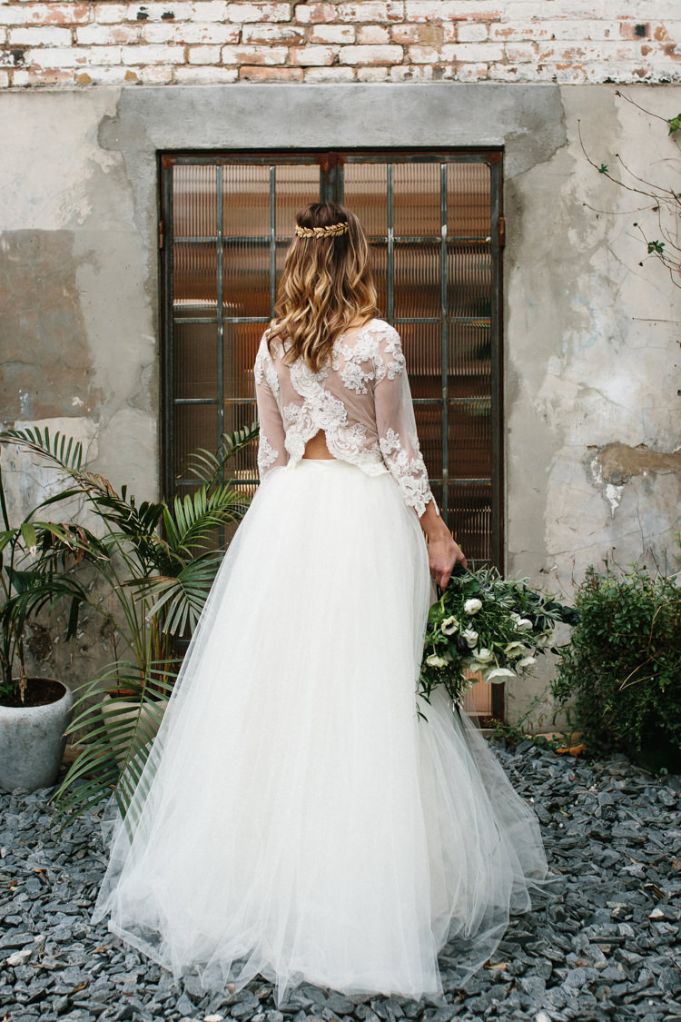 Bridal Separates Top Skirt Lace Tulle Dress Gown Bride Bridal Sleeves Luxe Industrial Velvet Wedding Ideas https://jessypapasavvaphotography.com/