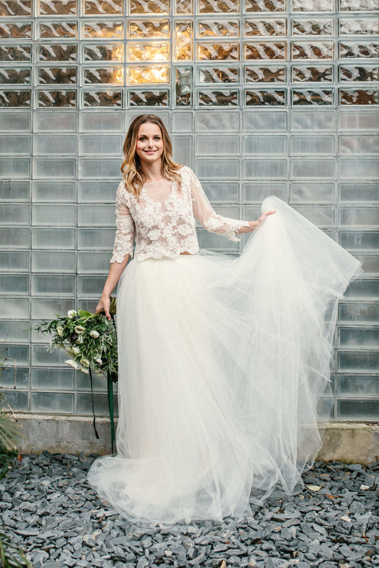 Bridal Separates Top Skirt Lace Tulle Dress Gown Bride Bridal Sleeves Luxe Industrial Velvet Wedding Ideas https://jessypapasavvaphotography.com/