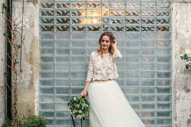 Bridal Separates Top Skirt Lace Tulle Dress Gown Bride Bridal Sleeves Luxe Industrial Velvet Wedding Ideas https://jessypapasavvaphotography.com/