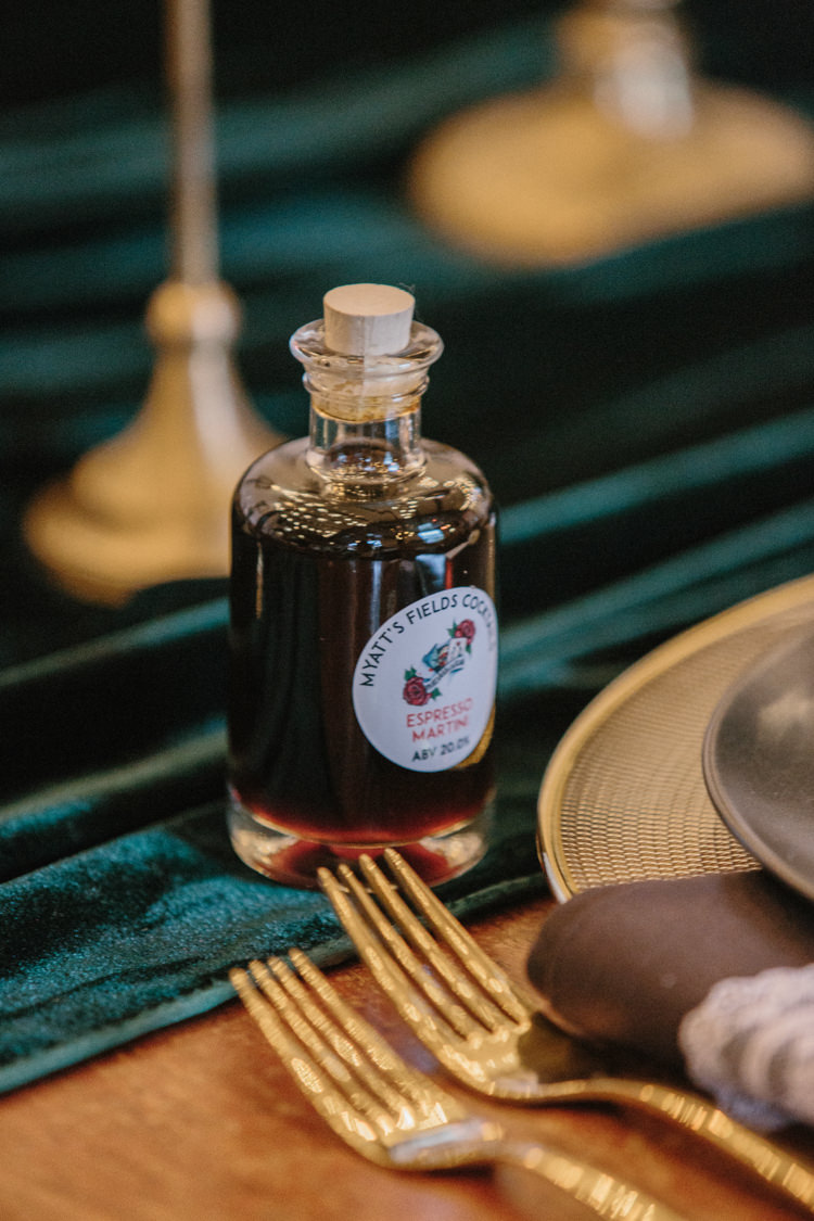 Mini Bottle Drink Favours Luxe Industrial Velvet Wedding Ideas https://jessypapasavvaphotography.com/