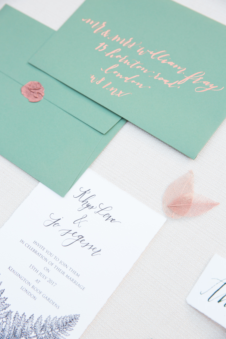 Stationery Suite Copper Calligraphy Invites Invitations Lush Botanical City Roof Garden Wedding Ideas http://jessicadaviesphotography.co.uk/