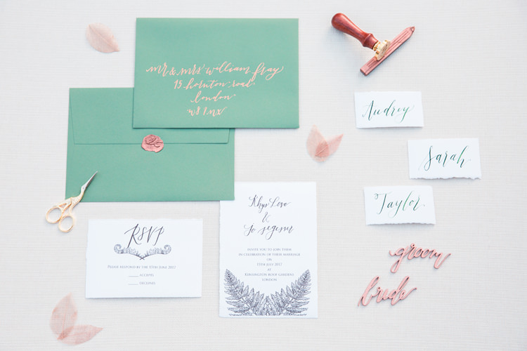 Stationery Suite Copper Calligraphy Invites Invitations Lush Botanical City Roof Garden Wedding Ideas http://jessicadaviesphotography.co.uk/