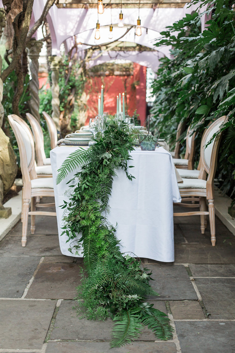 Greenery Garland Swag Table Tablescape Candles Lush Botanical City Roof Garden Wedding Ideas http://jessicadaviesphotography.co.uk/