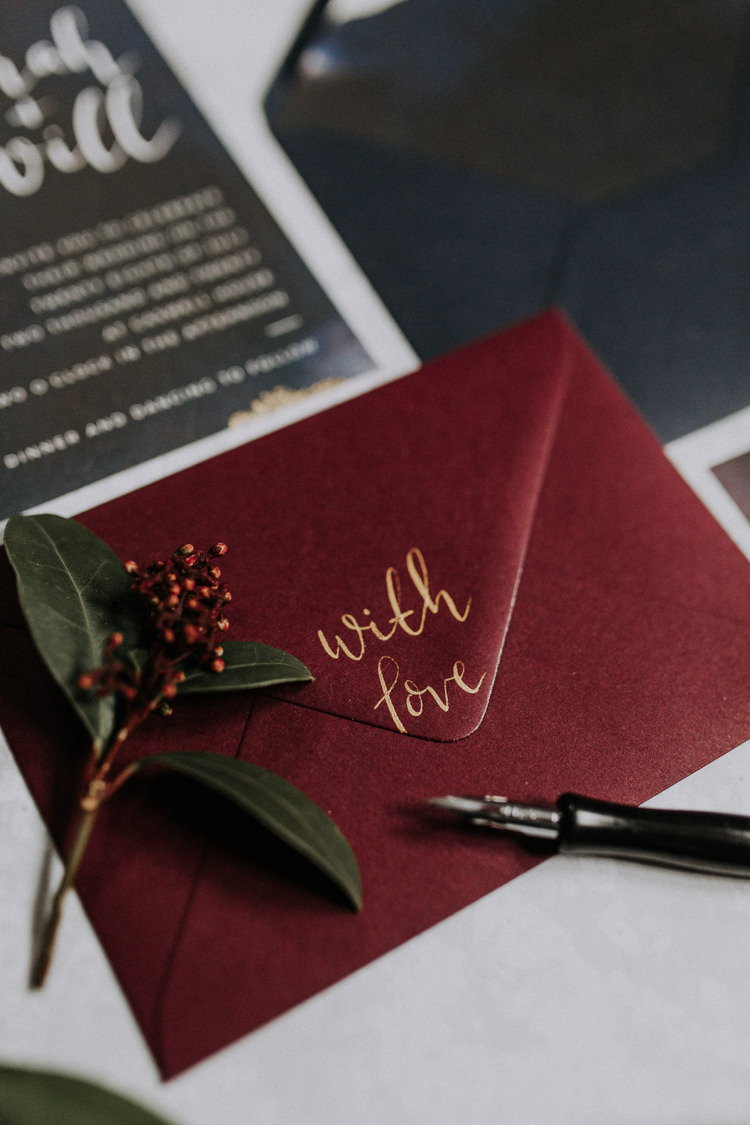 Calligraphy Stationery Invites Invitations Navy Red Moody Jewel Tone Velvet Wedding Ideas Sanctum On The Green https://lolarosephotography.com/