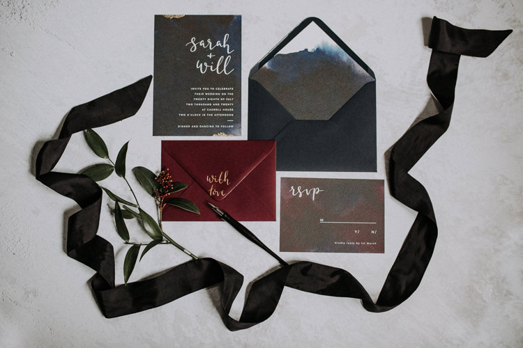 Calligraphy Stationery Invites Invitations Navy Red Moody Jewel Tone Velvet Wedding Ideas Sanctum On The Green https://lolarosephotography.com/