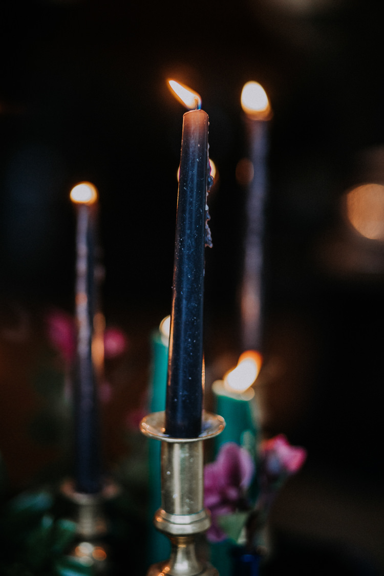 Blue Candles Lighting Moody Jewel Tone Velvet Wedding Ideas Sanctum On The Green http://www.kategrayphotography.com/
