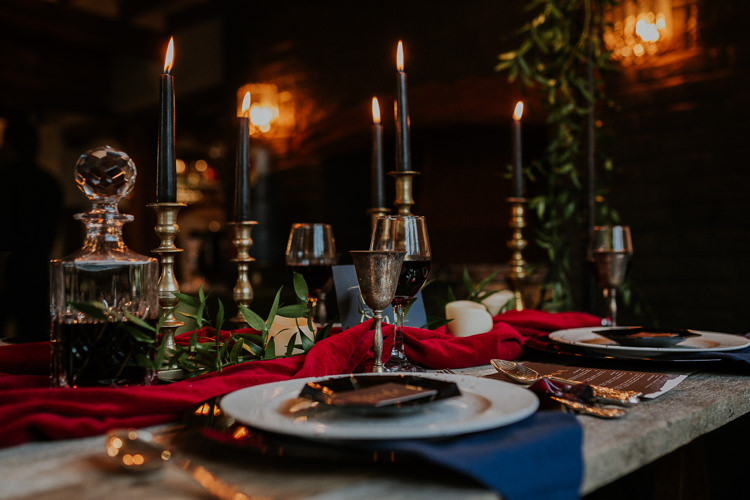Table Tablescape Decor Red Blue Gold Candles Cutlery Moody Jewel Tone Velvet Wedding Ideas Sanctum On The Green http://www.kategrayphotography.com/