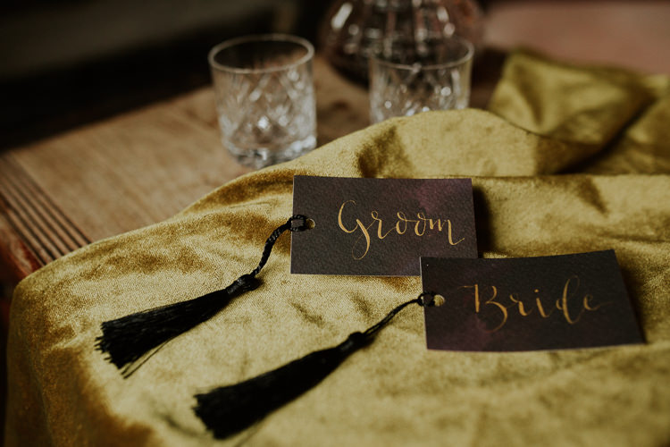 Black Gold Tassel Place Name Card Setting Moody Jewel Tone Velvet Wedding Ideas Sanctum On The Green http://www.kategrayphotography.com/