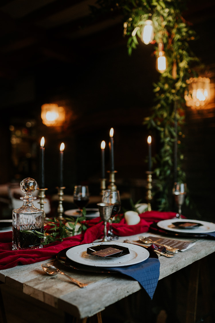 Table Tablescape Decor Red Blue Gold Candles Cutlery Moody Jewel Tone Velvet Wedding Ideas Sanctum On The Green http://www.kategrayphotography.com/